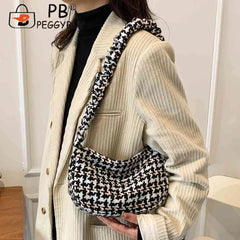 Vintage Plaid Ladies Tote Bag Half Moon Shape Female Hand Bag for Weekend Vacati