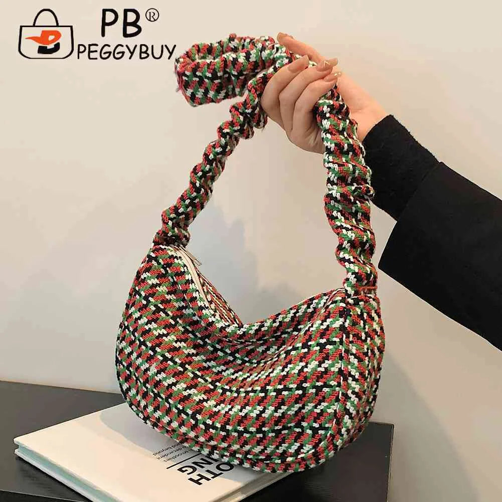 Vintage Plaid Ladies Tote Bag Half Moon Shape Female Hand Bag for Weekend Vacati