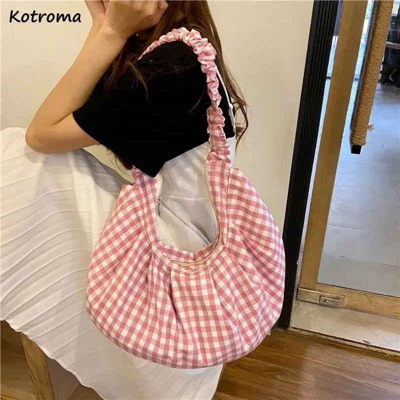 Plaid Large Capacity Shoulder Bags Women Girls Candy Travel Portable