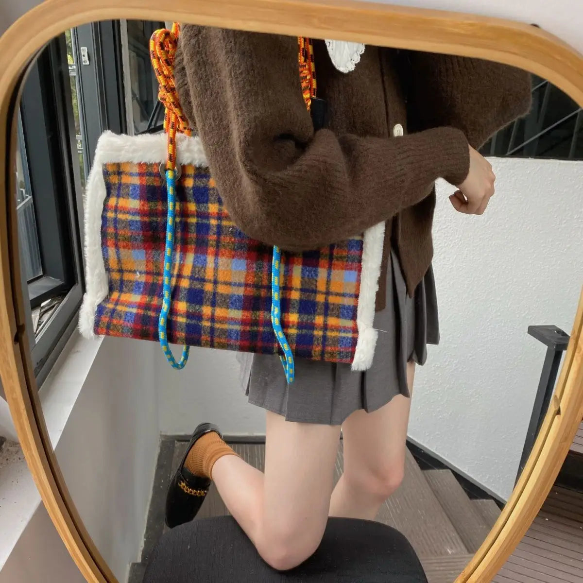 Plaid Large Capacity Shoulder Bags Women Lambswool Casual Underarm Tote Handbags