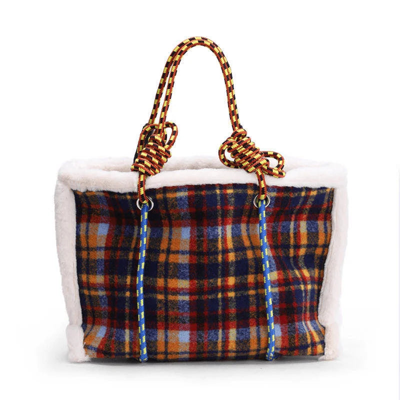Plaid Large Capacity Shoulder Bags Women Lambswool Casual Underarm Tote Handbags