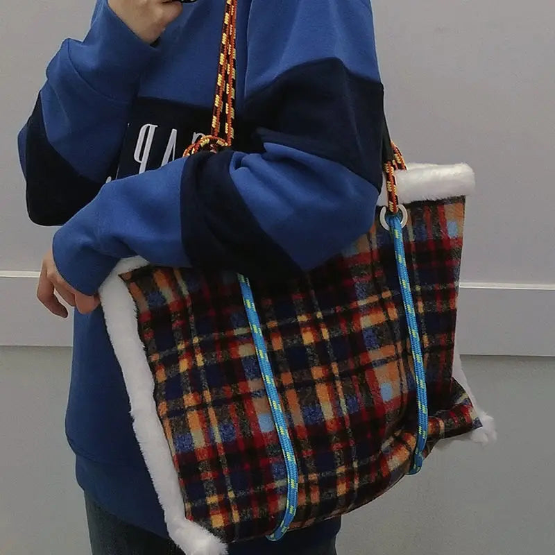 Plaid Large Capacity Shoulder Bags Women Lambswool Casual Underarm Tote Handbags