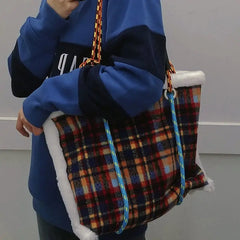 Plaid Large Capacity Shoulder Bags Women Lambswool Casual Underarm Tote Handbags