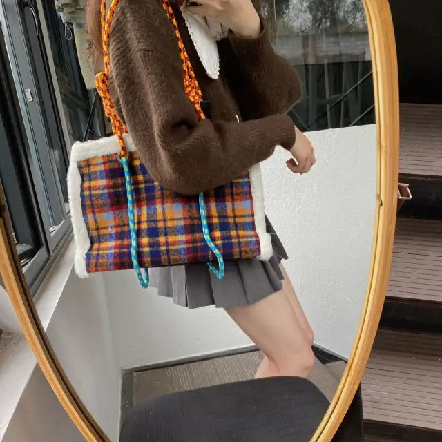 Plaid Large Capacity Shoulder Bags Women Lambswool Casual Underarm Tote Handbags