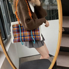 Plaid Large Capacity Shoulder Bags Women Lambswool Casual Underarm Tote Handbags