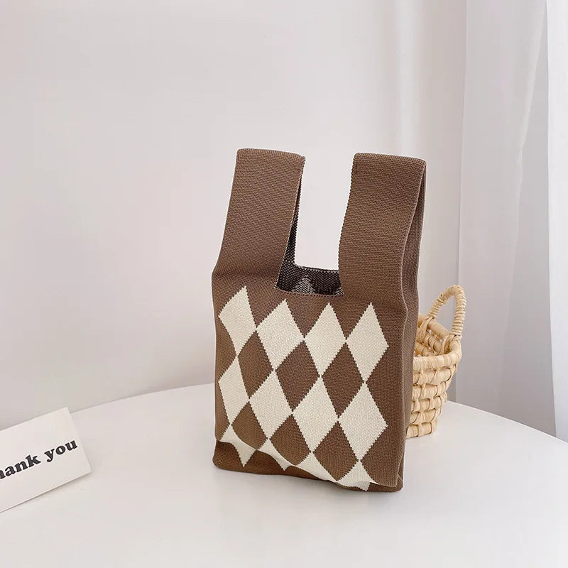 Plaid Pattern Knitted Shoulder Bag Wool Women Tote Large Capcaity Ladies Warm Ha