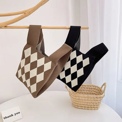 Plaid Pattern Knitted Shoulder Bag Wool Women Tote Large Capcaity Ladies Warm Ha