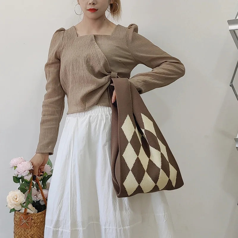 Plaid Pattern Knitted Shoulder Bag Wool Women Tote Large Capcaity Ladies Warm Ha