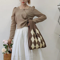 Plaid Pattern Knitted Shoulder Bag Wool Women Tote Large Capcaity Ladies Warm Ha