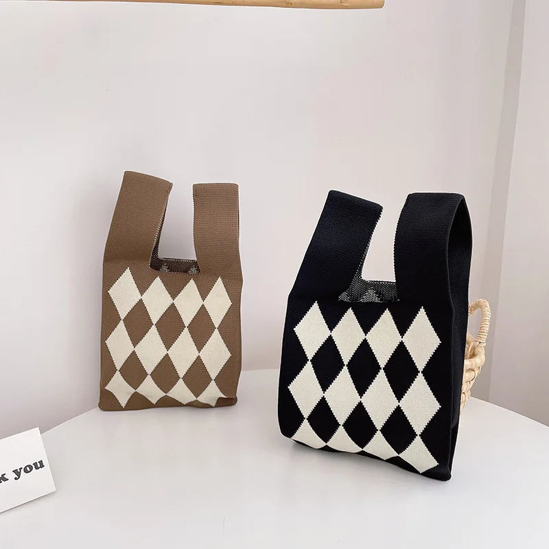 Plaid Pattern Knitted Shoulder Bag Wool Women Tote Large Capcaity Ladies Warm Ha