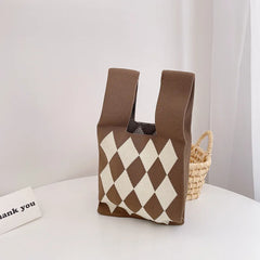 Plaid Pattern Knitted Shoulder Bag Wool Women Tote Large Capcaity Ladies Warm Ha