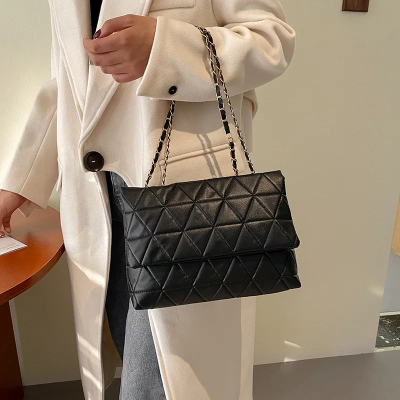 Plaid PU Leather Shoulder Bag Chain Strap Handbag Women Crossbody