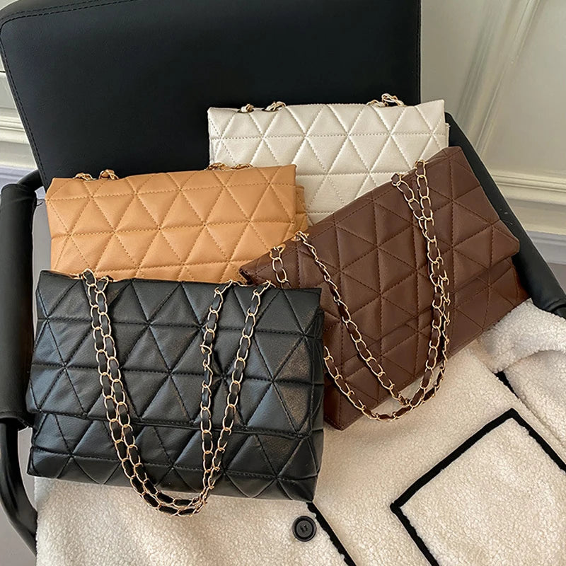 Plaid PU Leather Shoulder Bag Chain Strap Handbag Women Crossbody
