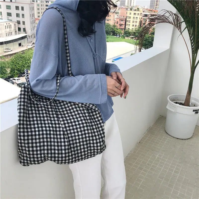Plaid Shoulder Bags Women Bow-knot Lace-up Cotton Pouch Big Capacity