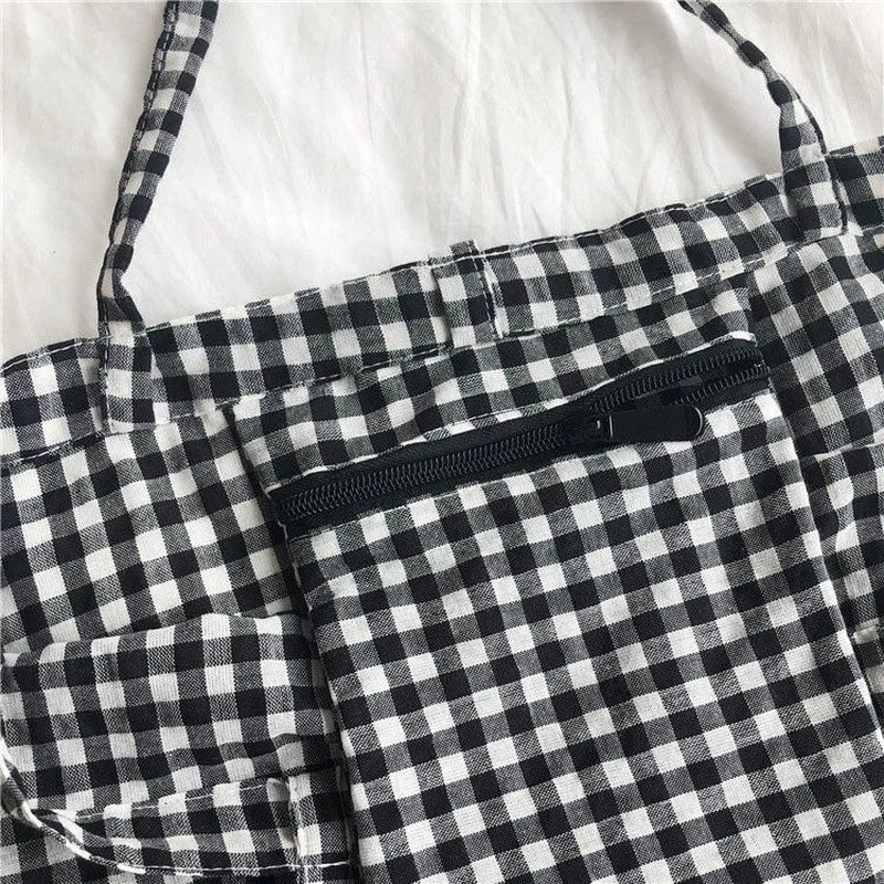 Plaid Shoulder Bags Women Bow-knot Lace-up Cotton Pouch Big Capacity