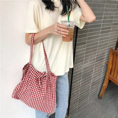 Plaid Shoulder Bags Women Bow-knot Lace-up Cotton Pouch Big Capacity