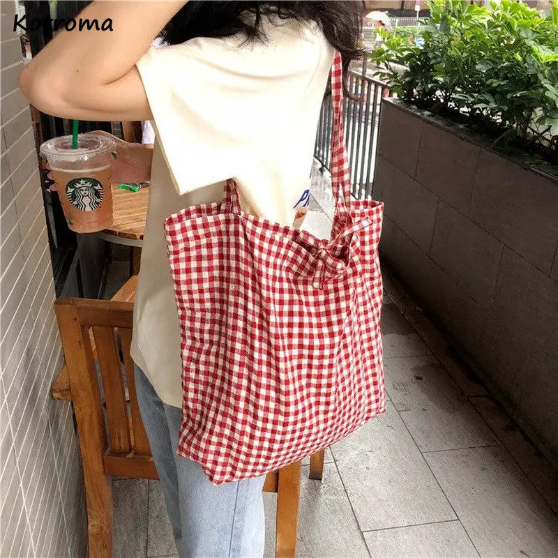 Plaid Shoulder Bags Women Bow-knot Lace-up Cotton Pouch Big Capacity