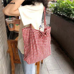 Plaid Shoulder Bags Women Bow-knot Lace-up Cotton Pouch Big Capacity