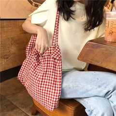 Plaid Shoulder Bags Women Bow-knot Lace-up Cotton Pouch Big Capacity