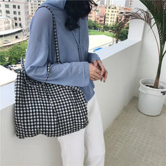 Plaid Shoulder Bags Women Bow-knot Lace-up Cotton Pouch Big Capacity