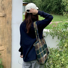 Plaid Shoulder Bags Women Retro Casual Tote Japanese Style Woolen