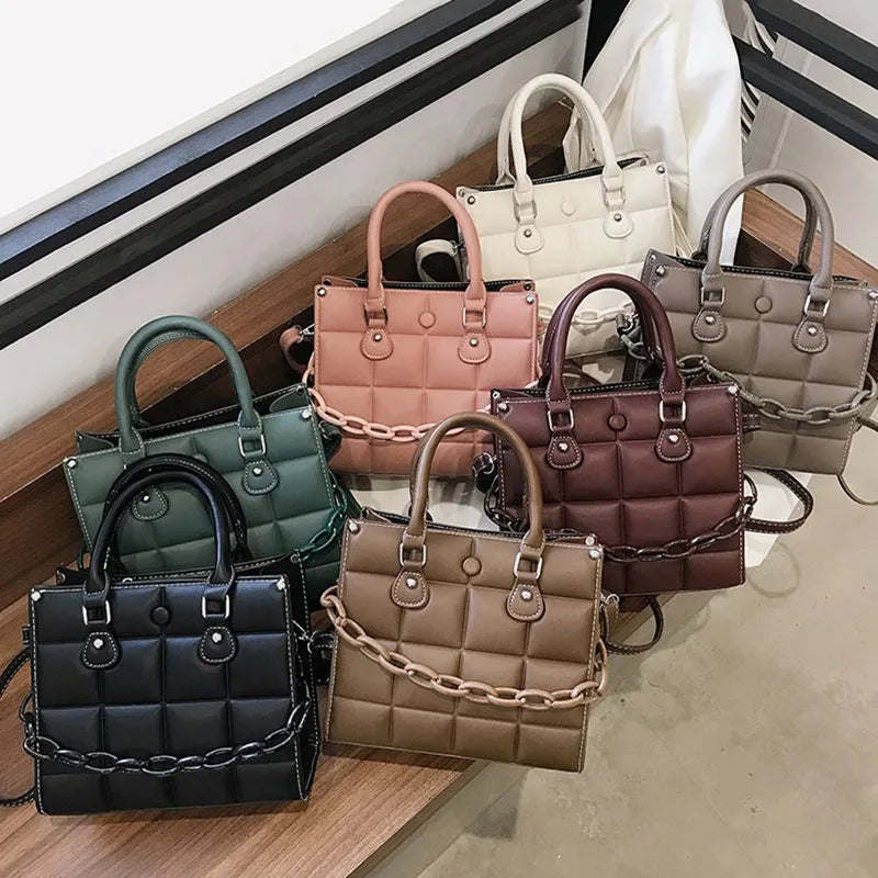 Plaid Square Women Tote Bag PU Leather Crossbody Handbag