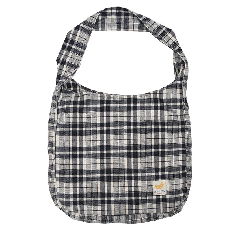 Plaid Women Shoulder Bag Large Capacity Cotton Tote Canvas Handbag