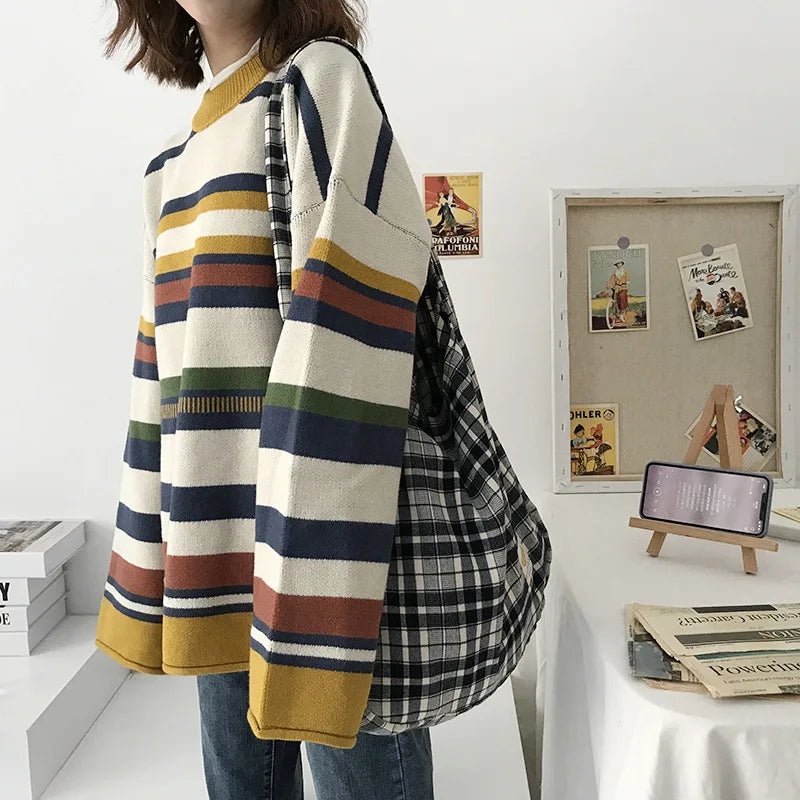 Plaid Women Shoulder Bag Large Capacity Cotton Tote Canvas Handbag