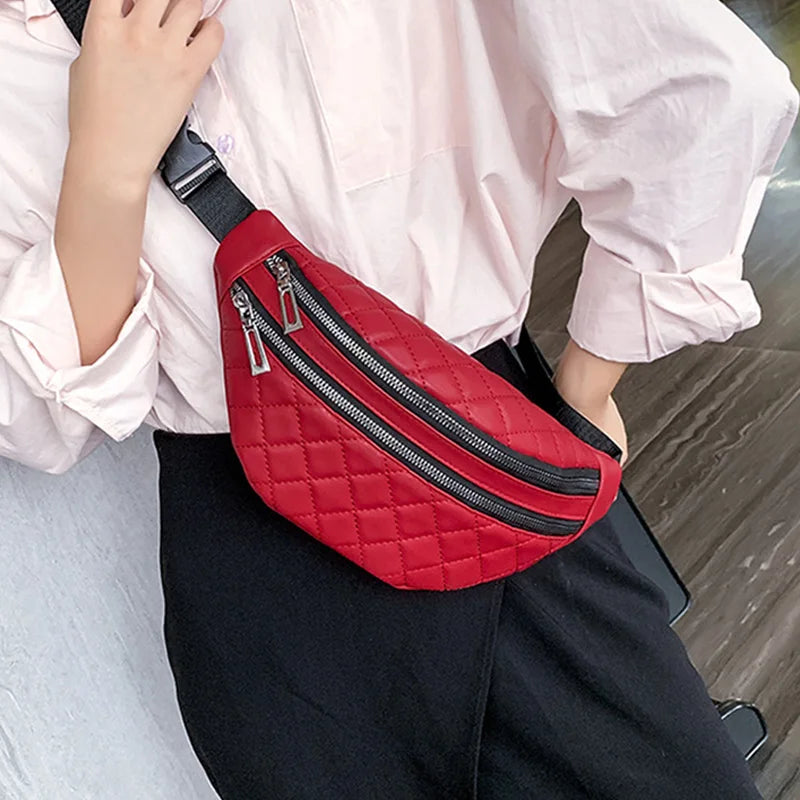 Plaid Women's Waist Bag PU Leather Belt Bags Shoulder Crossbody Chest Bag