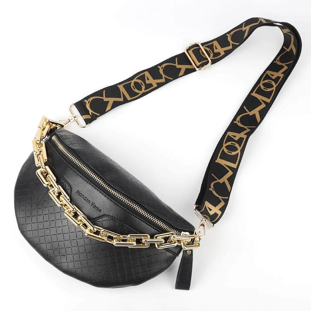 Plaid PU Leather Waist Bag with Metal Chain Crossbody Shoulder Bags