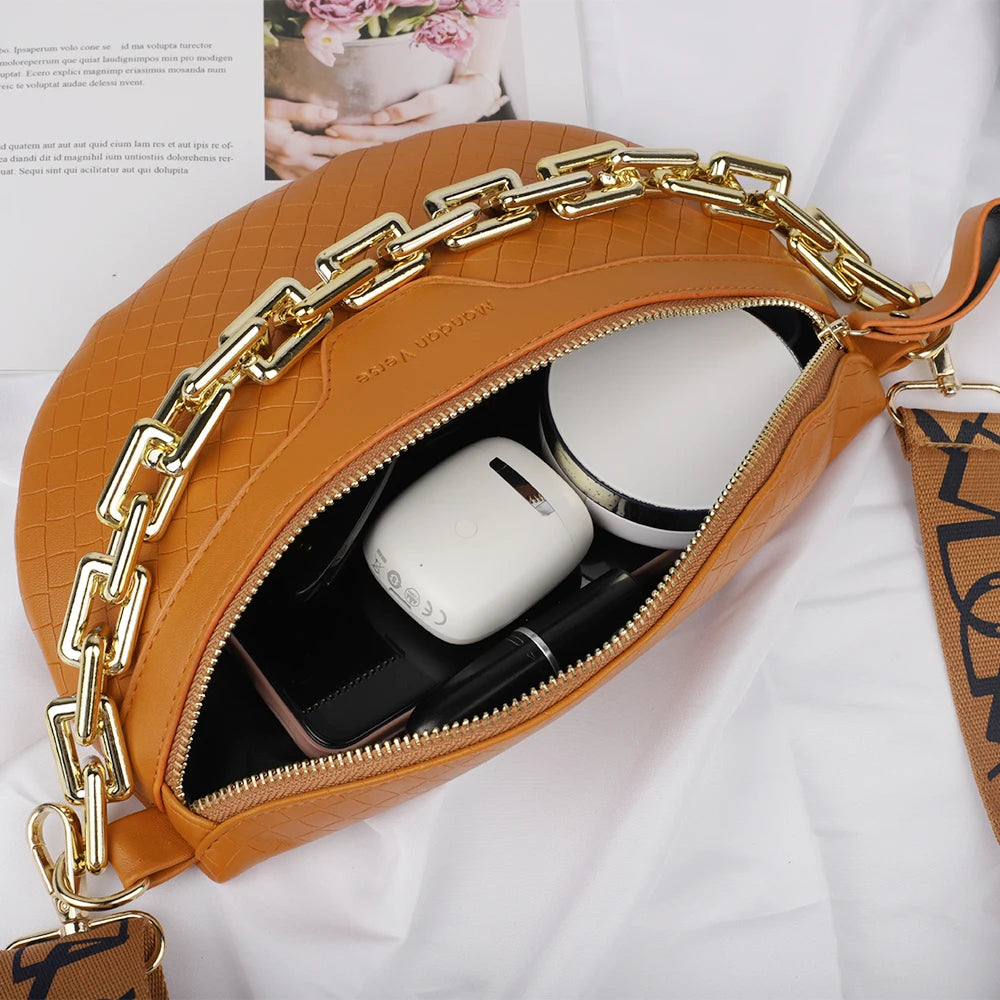 Plaid PU Leather Waist Bag with Metal Chain Crossbody Shoulder Bags