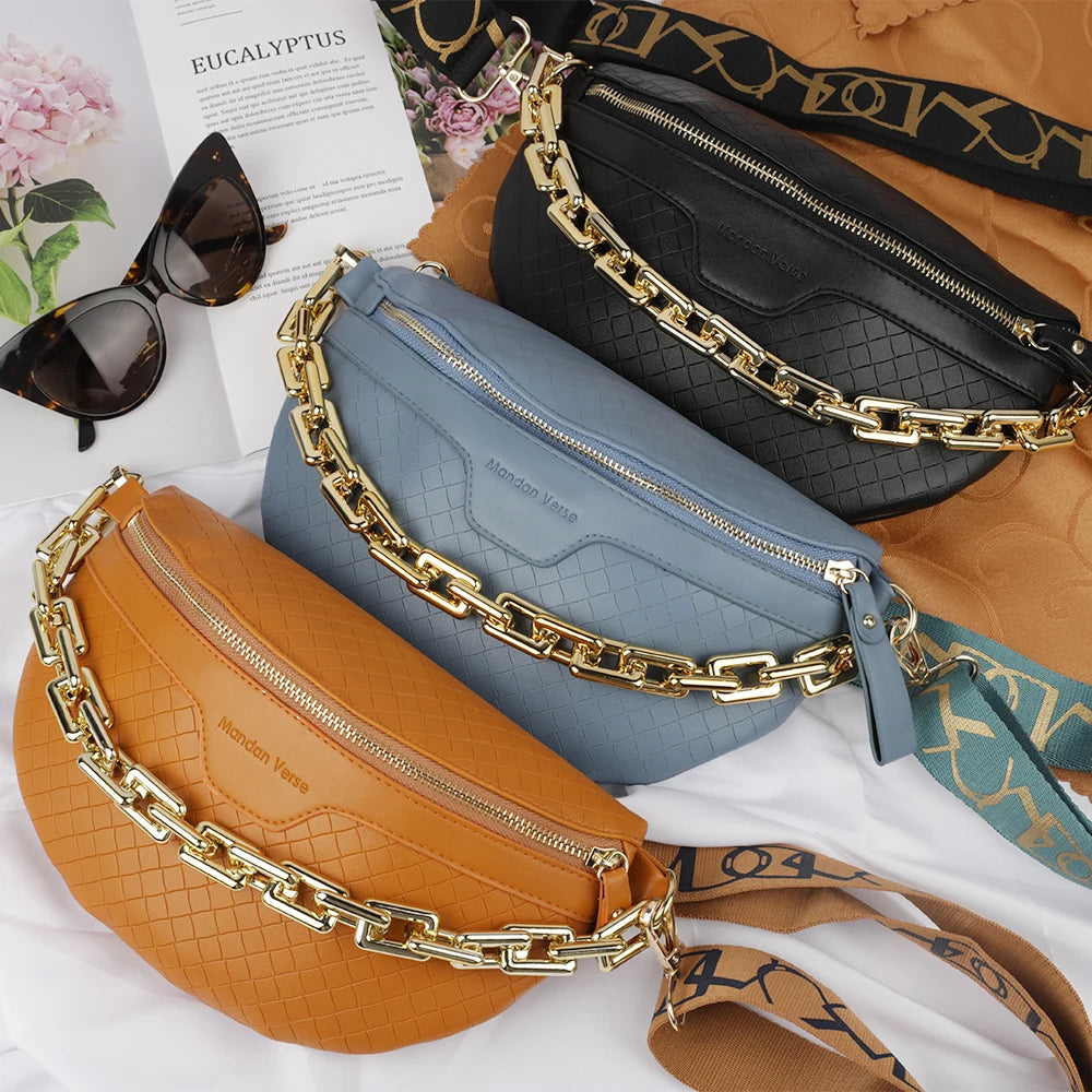Plaid PU Leather Waist Bag with Metal Chain Crossbody Shoulder Bags