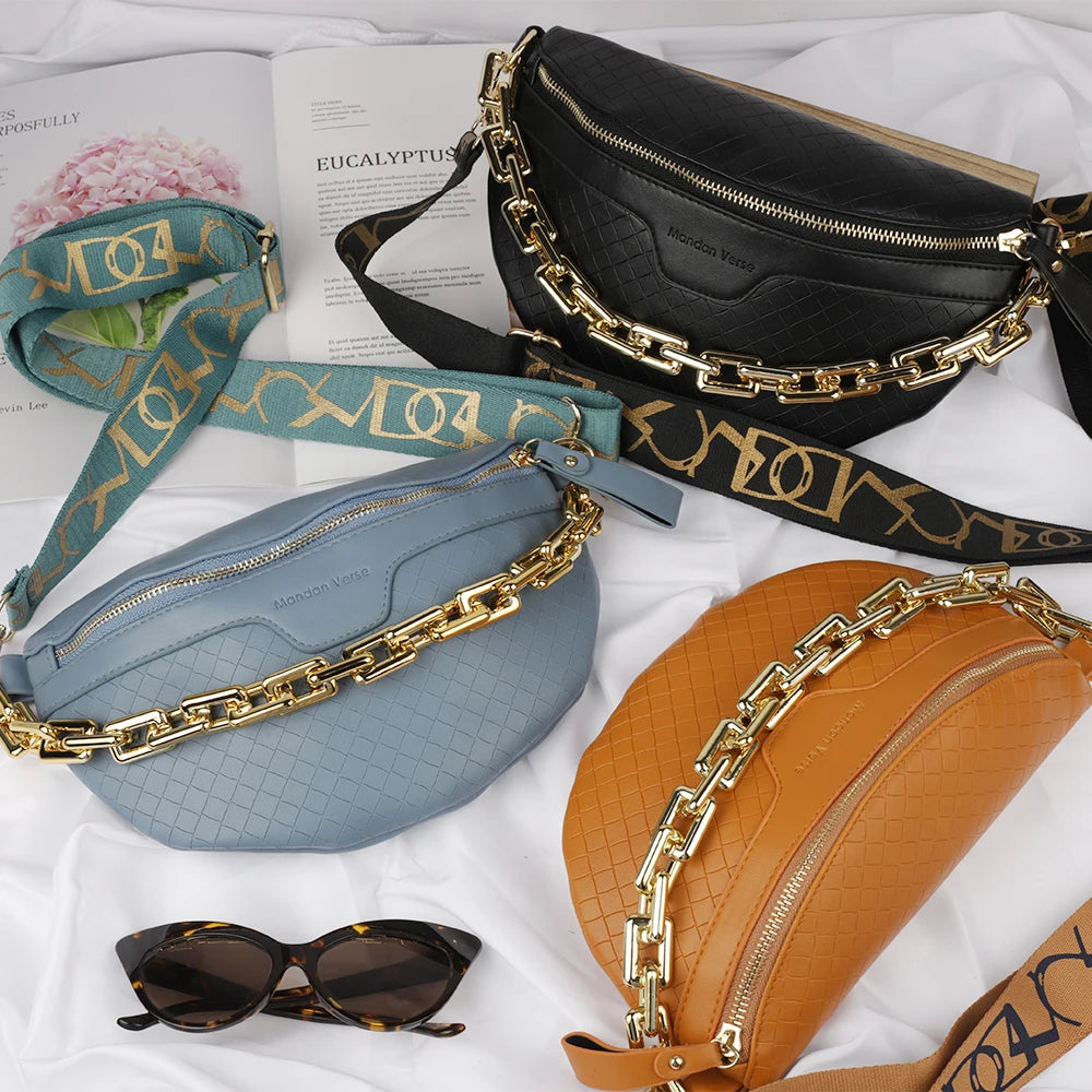 Plaid PU Leather Waist Bag with Metal Chain Crossbody Shoulder Bags