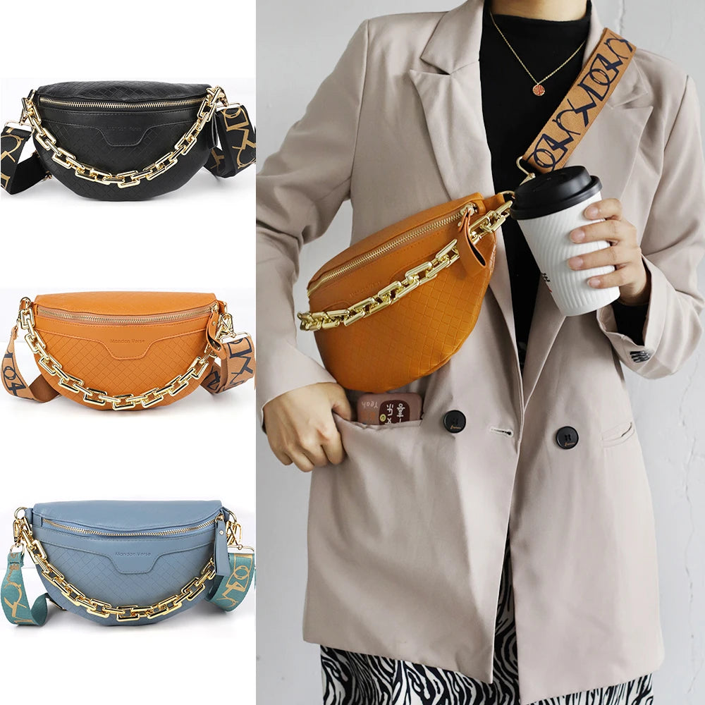 Plaid PU Leather Waist Bag with Metal Chain Crossbody Shoulder Bags