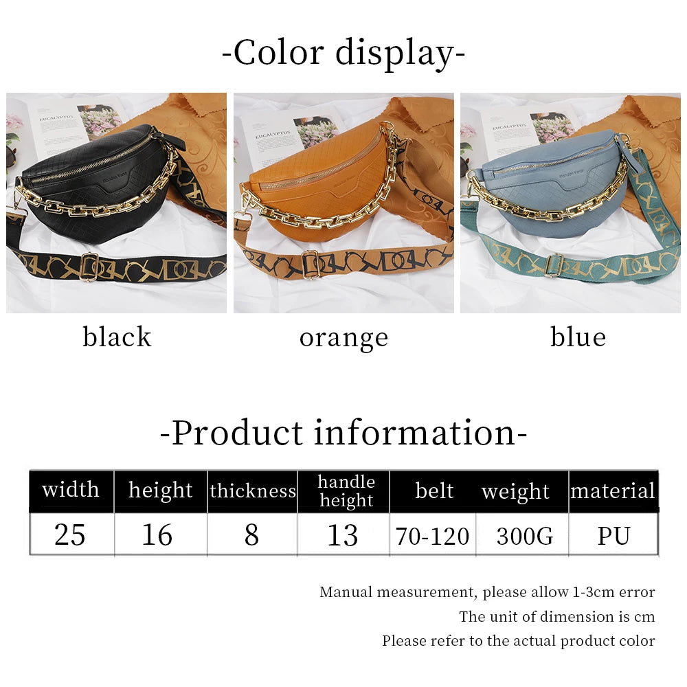 Plaid PU Leather Waist Bag with Metal Chain Crossbody Shoulder Bags