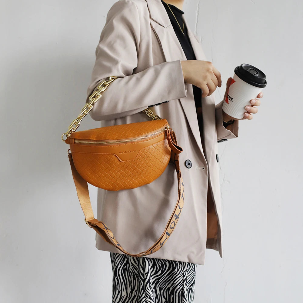 Plaid PU Leather Waist Bag with Metal Chain Crossbody Shoulder Bags