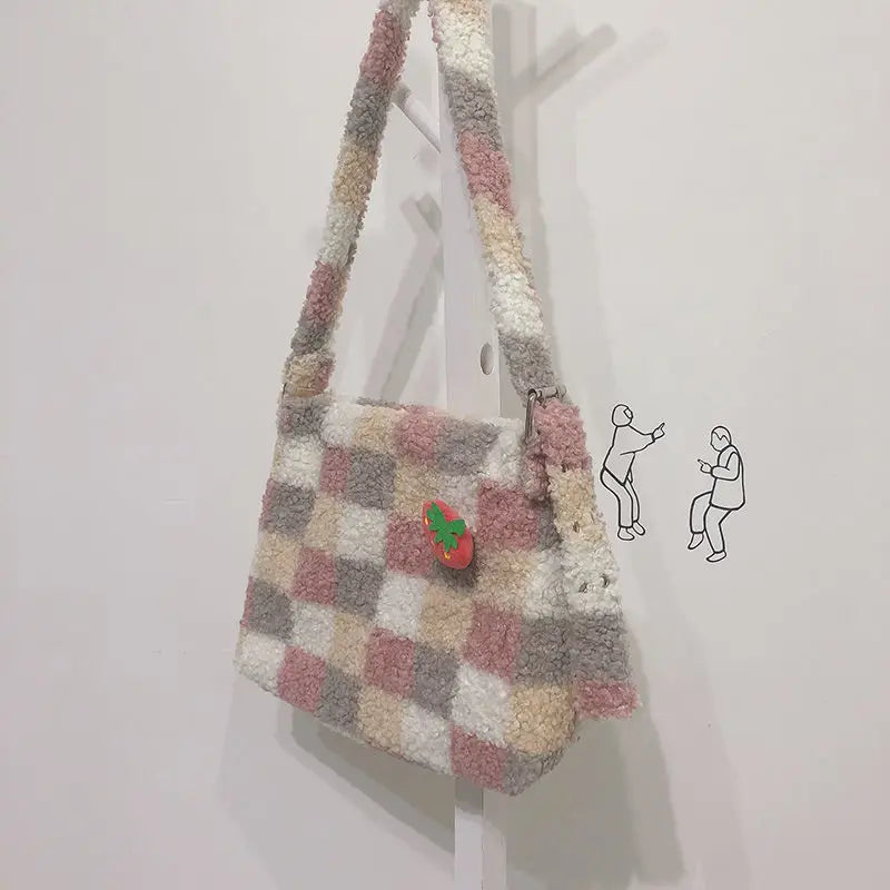 Plaid Wool Women Bags Autumn Winter Lamb Hair Tote Bag Large Capacity Shoulder