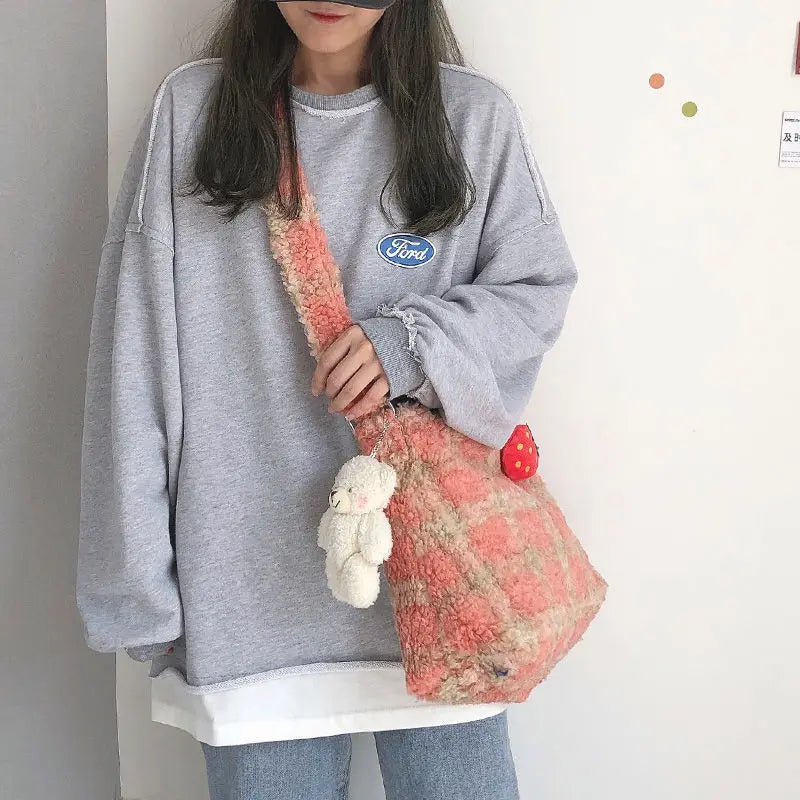 Plaid Wool Women Bags Autumn Winter Lamb Hair Tote Bag Large Capacity Shoulder
