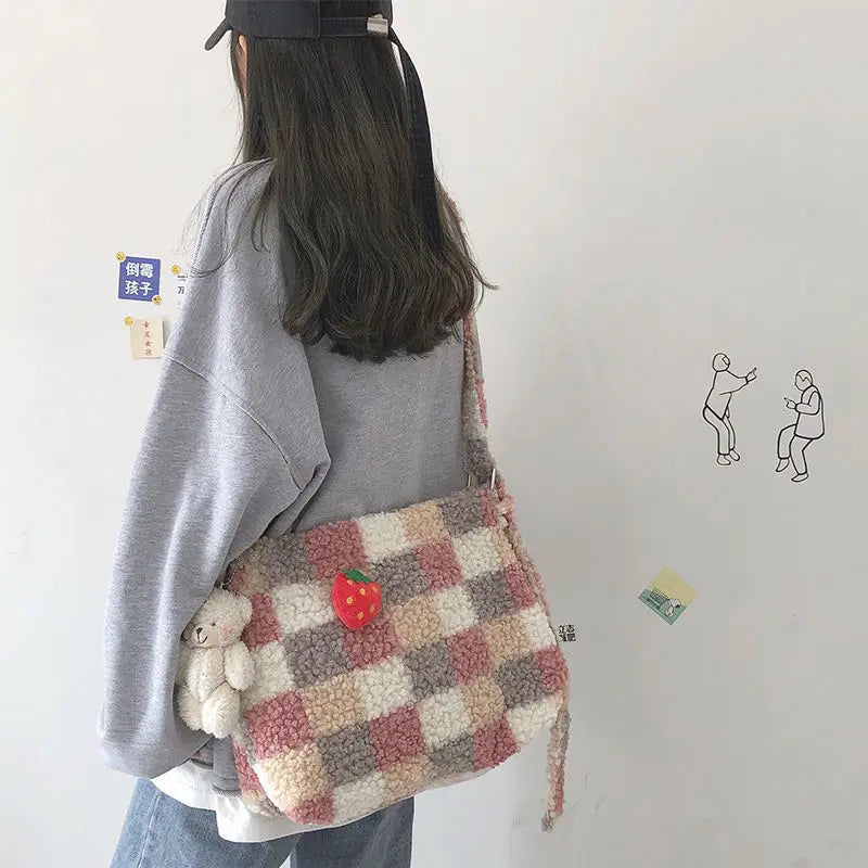 Plaid Wool Women Bags Autumn Winter Lamb Hair Tote Bag Large Capacity Shoulder