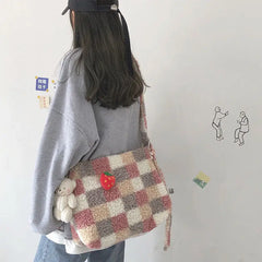 Plaid Wool Women Bags Autumn Winter Lamb Hair Tote Bag Large Capacity Shoulder