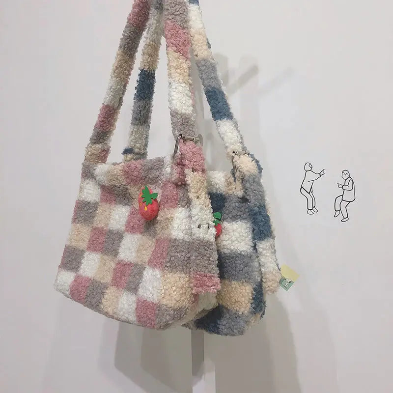 Plaid Wool Women Bags Autumn Winter Lamb Hair Tote Bag Large Capacity Shoulder