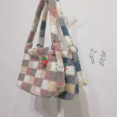 Plaid Wool Women Bags Autumn Winter Lamb Hair Tote Bag Large Capacity Shoulder