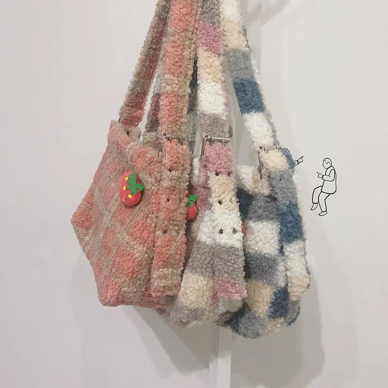 Plaid Wool Women Bags Autumn Winter Lamb Hair Tote Bag Large Capacity Shoulder