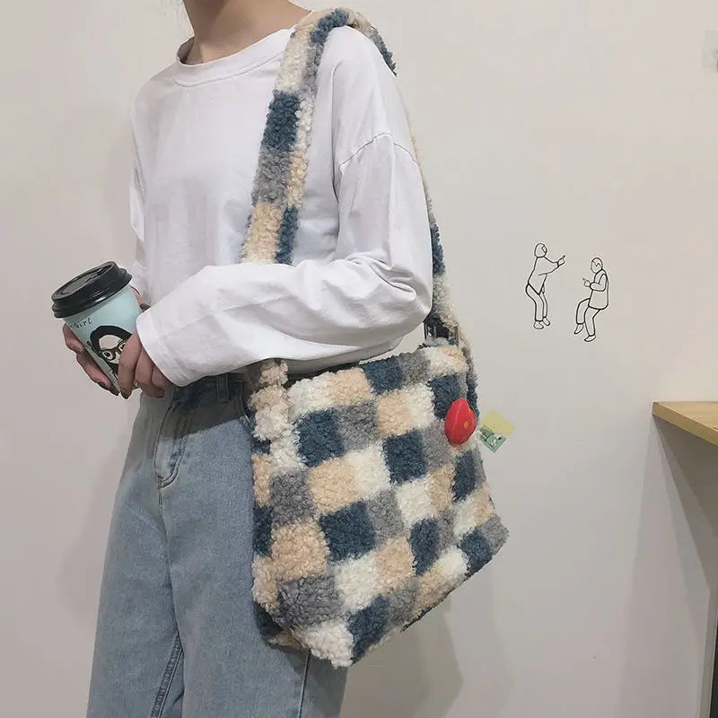 Plaid Wool Women Bags Autumn Winter Lamb Hair Tote Bag Large Capacity Shoulder