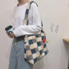 Plaid Wool Women Bags Autumn Winter Lamb Hair Tote Bag Large Capacity Shoulder