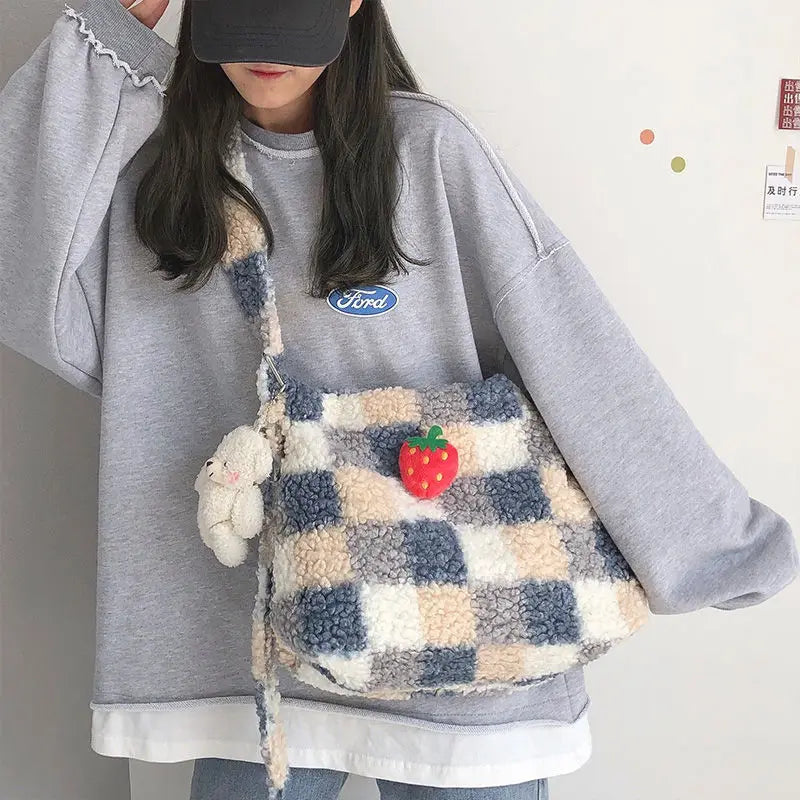 Plaid Wool Women Bags Autumn Winter Lamb Hair Tote Bag Large Capacity Shoulder