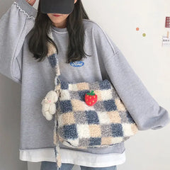 Plaid Wool Women Bags Autumn Winter Lamb Hair Tote Bag Large Capacity Shoulder