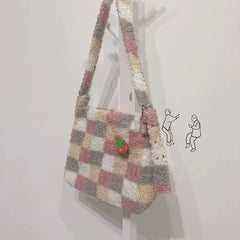 Plaid Wool Women Bags Autumn Winter Lamb Hair Tote Bag Large Capacity Shoulder