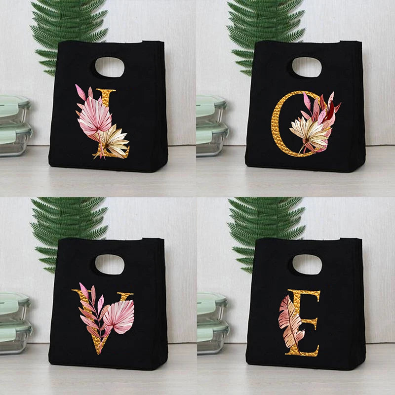 Plant Letter Print Lunch Bag Thermal Insulated Bento Box Tote Cooler Handbag