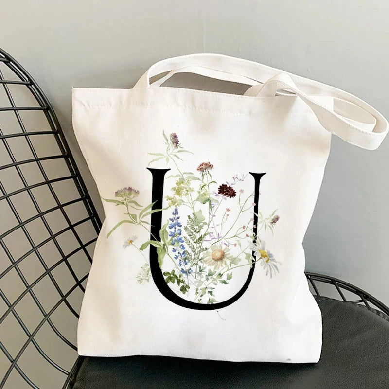 Plant Print Canvas Bag Women's Shoulder Bag Cotton Letter Shopping Shopper